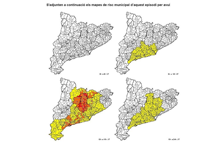 Previsió per aquest dilluns. El color groc indica un risc baix; el carbassa, un risc moderat, mentre que el vermell representa un risc alt (foto: CECAT)